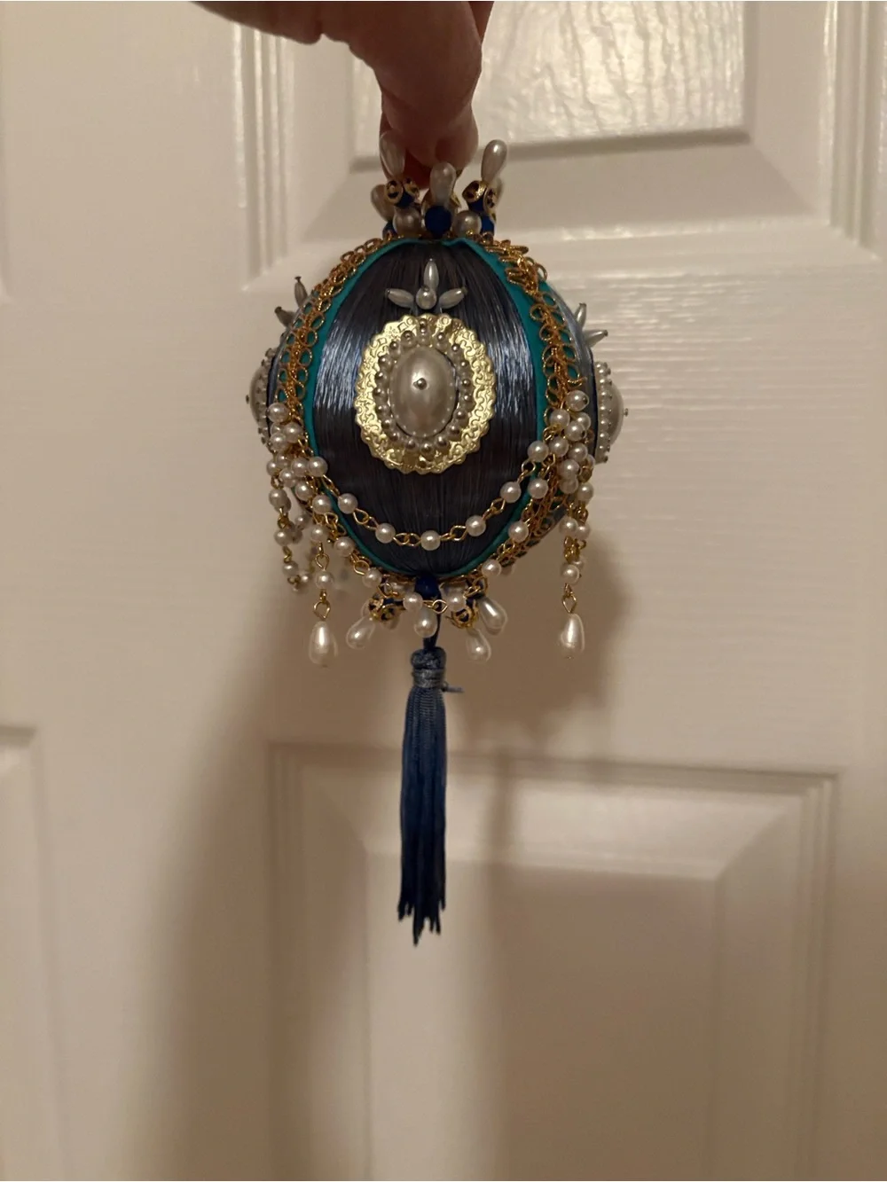 Handcrafted Blue and White Beaded Tassel Push Pin Ornament